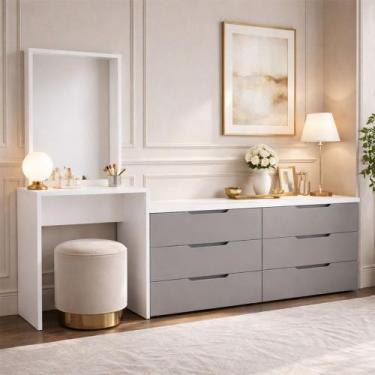 Imagem de Cômoda Madrid 6 Gavetas com Espelho Cinza/Branco - Politorno, Cinza Cl