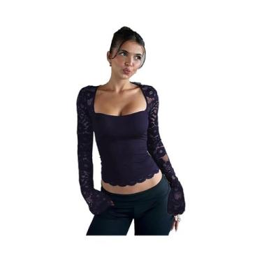 Imagem de Camiseta Cropped Feminina De Manga Longa Com Gola Quadrada, Renda E Es