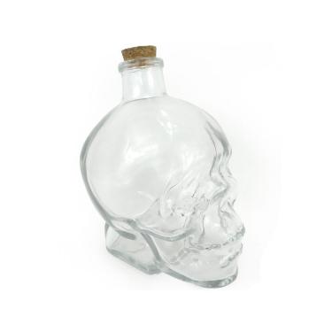 Imagem de Garrafa de Vidro Formato Cranio Caveira Com Tampa Rolha Resistente 450ml
