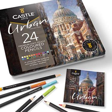 Imagem de Castle Art Supplies - Conjunto de 24 lápis de cor Urban Sketching em caixa de lata, qualidade premium, núcleos pigmentados lisos, perfeito para arte de paisagem urbana