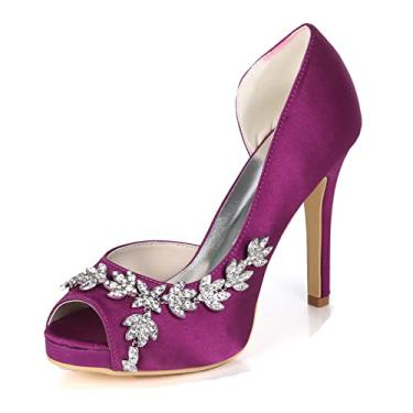 Imagem de Sapatos de noiva de casamento feminino stiletto marfim peep toe cetim sapatos de salto alto com strass 35-42,Purple,5 UK/38 EU