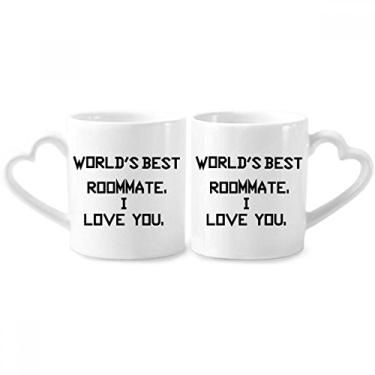 Imagem de World Best Roommate I Love You Conjunto de canecas de porcelana para casais, copo de cerâmica com alça de coração