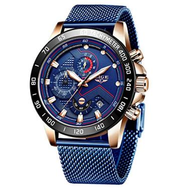 Imagem de LIGE Relógios masculinos à prova d'água, aço inoxidável, analógico, quartzo, com data, vestido de negócios, malha azul, relógios de pulso, Azul, 8.07, Cronógrafo