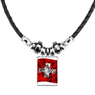 Imagem de DIYthinker Colar com textura de seda da Suíça com estampa abstrata de bandeira da Suíça, joia com pingente de corda de couro