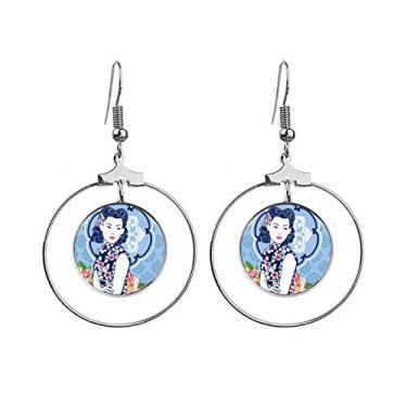 Imagem de Brincos femininos de flor azul da cultura chinesa pendentes argola joia círculo gota