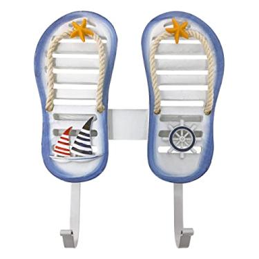 Imagem de BANBERRY DESIGNS Beach Decor - Blue and White Wooden Flip Flop Hook with Starfish and Jute Rope Design - Nautical Wall Art Decorations - Coastal Bathroom Hanging Hooks for Towels - 9.5 Inches