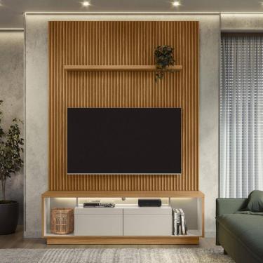 Imagem de Conjunto Rack Cronos 1.8 com Painel Modular 1.8 Prateleira 1.4 e KIT Fita LED 1 Fita 1600mm Marrom/ Off White