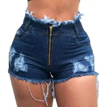 Imagem de Short Bermuda Jeans Feminino Cintura Alta Hot Pant Destroyed Tendencia 2021 Com Ziper Fecho