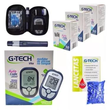 Imagem de Kit Medidor Glicose G-tech + 150 Tiras + 200 Lancetas G-tech