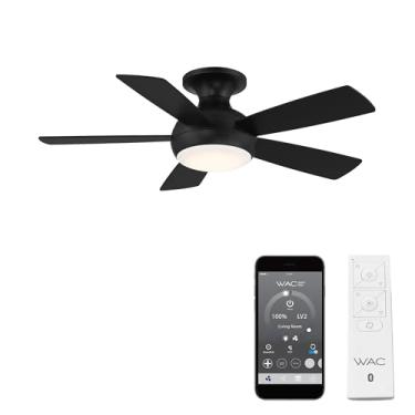 Imagem de Ventilador de teto WAC Smart Fans Odyssey para ambientes internos e externos, 5 lâminas, montagem embutida para casa inteligente, 111,8 cm, preto fosco com kit de luz LED de 3000 K e controle remoto