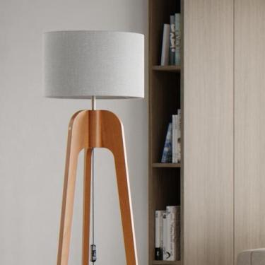 Imagem de Luminária Madeira Maciça Paris c/ Coluna Tripla Cúpula Palha - UniDeco