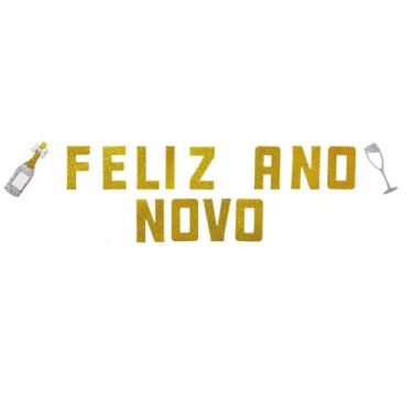 Imagem de Painel Faixa Feliz Ano Novo Espumante e Taça EVA Dourado 1,40 metros V