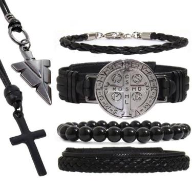 Imagem de Kit C/04 Pulseiras De Couro Masculina São Bento Grafite + COLARES - GR