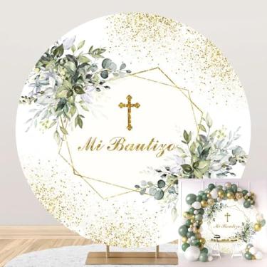 Imagem de TTQYFNM Capa de fundo redonda Mi Bautizo de 2,1 x 2,1 m, folhas verdes de eucalipto, douradas, pontos brilhantes, primeira comunhão, fundo fotográfico para chá de bebê recém-nascido, batizado,