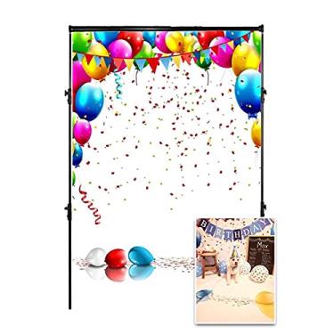 Imagem de AOFOTO Fundo de feliz aniversário de 0,9 x 1,5 m com balões coloridos e confetes cenário de fotografia infantil bebê menino menina retrato artístico adereços de estúdio fotográfico adereços vídeo drapeado decoração de festa banner de papel de parede