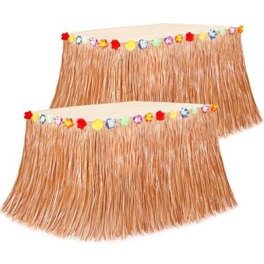 Imagem de Decorações de festa temáticas havaianas, 2 peças de decorações de saia de mesa de festa luau amarela, 277 x 75 cm, saia de mesa de flor tropical Hula Dança, saia de mesa de grama para festa temática