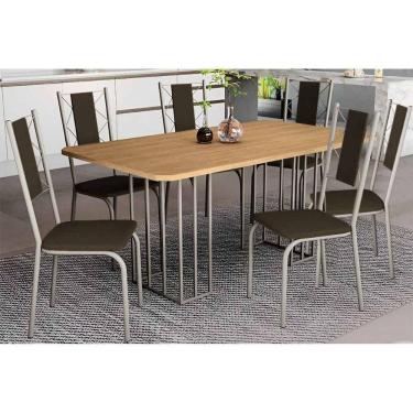 Imagem de Sala De Jantar Duina Com Tampo De Madeira 160cm E 6 Cadeiras Lisboa Niquel Freijó Courano Marrom