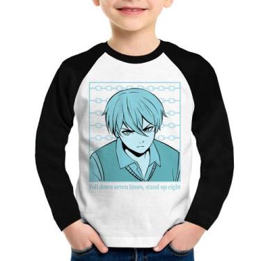 Imagem de Camiseta Raglan Infantil Fall Down Seven Times, Stand Up Eight Manga L