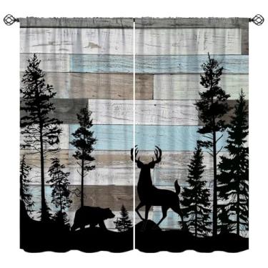 Imagem de Cortinas rústicas para cabana de urso, árvore de pinheiro, floresta de caça, tratamento de janela para sala de estar, retrô, casa de fazenda, animais selvagens, cortinas de madeira para cozinha