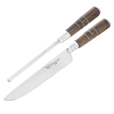 Imagem de Conjunto Faca em Inox e Chaira com Cabo de Madeira e Bainha Facas Gaúcha 30140