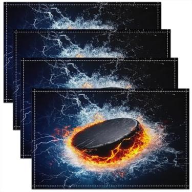 Imagem de jejeloiu Tapetes de mesa de hóquei no gelo, para crianças, meninos, meninas, 45,7 x 30,5 cm, jogo americano alternativo entre água e fogo, conjunto de 4 jogos americanos ultra macios de hóquei para