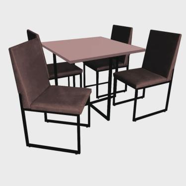 Imagem de Kit Mesa de Jantar Thales com 4 Cadeiras Sttan Ferro Preto Tampo Rose Rosa Corino Marrom - Ahz Móveis