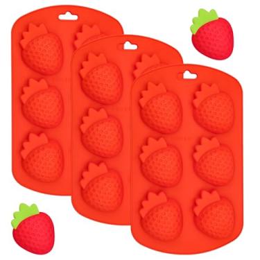 Imagem de Pacote com 3 moldes 3D de silicone de morango para salgadinhos de frutas para fazer chocolate, sabonete, cubo de gelo, doces, geleia de fondant (vermelho)