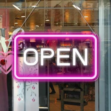 Imagem de Placas abertas para empresas, placa aberta LED de 40,6 cm × 23,6 cm alimentada por USB com interruptor ON/OFF, sinais abertos COB de brilho ajustável para bares, cafés, parede, janela, montra (rosa e