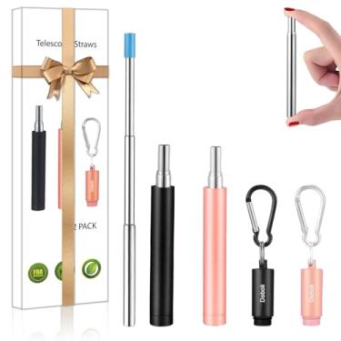 Imagem de Pacote com 2 canudos de metal reutilizáveis desmontáveis de aço inoxidável, canudo para beber, palha telescópica portátil com capa, Black-Rose Gold