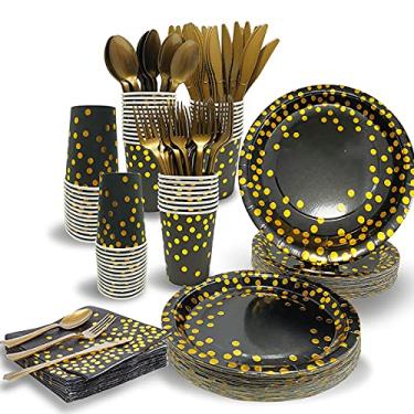 Imagem de Conjunto de utensílios de mesa para festa de formatura 2025, decoração preta e dourada, 350 peças, pratos de papel descartáveis, guardanapos, garfo dourado, facas, colher, serve 50