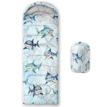 Imagem de XYNHML Saco de dormir com desenho animado tubarão para acampamento, clima quente e frio, impermeável, mochila azul oceano animal peixe saco de dormir todas as estações, para adultos, crianças, meninos