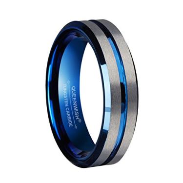 Imagem de Alianças de casamento de tungstênio azul de 6 mm da Queenwish, anéis de noivado escovado prateados para casais, ajuste confortável, tamanho 5-13