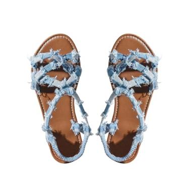 Imagem de GORGLITTER Sandália feminina de leopardo com tiras rasas guepardo tira no tornozelo bico aberto elegante sandália 2025, Jeans azul, 39