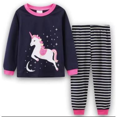 Imagem de Pijama Comprido Infantil Menina Algodão Manga Longa Unicórnio Azul - P
