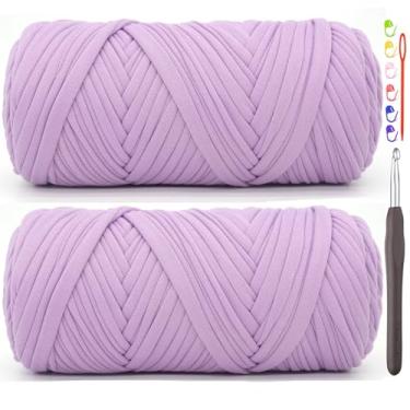 Imagem de Pacote com 2 fios de camiseta para crochê, camiseta roxa de tecido elástico grosso, fio de crochê para iniciantes, bolsa de tricô à mão, cesta/porta-copos / artesanato faça você mesmo/decoração de
