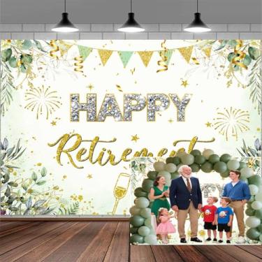 Imagem de Faixa de fundo para festa de aposentadoria feliz de 3,5 x 2,3 m, verde sálvia, folhas de eucalipto, folhas de eucalipto, pano de fundo dourado com bolinhas de salpite, decoração de fotos para festa de