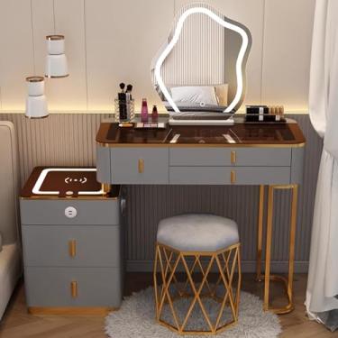 Imagem de Penteadeira Com Cadeira, Mesa De Vaidade Com Espelho E Luzes, Com Espelho De Escurecimento De Tela Sensível Ao Toque De 3 Cores, Conjunto De Mesa De Vaidade, Com 3 G, Brown Gray, 100x40x78cm