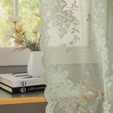 Imagem de YJ YANJUN Cortinas verde sálvia 114 cm 2 painéis lindas boho floral rendado transparente cortinas vintage pequenas cortinas de janela para sala de estar banheiro cozinha armário filtro de luz L 132 x