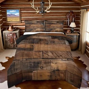 Imagem de Feelyou Conjunto de edredom de madeira vintage, tamanho Queen, casa de fazenda ocidental, retrô, rústica, de madeira, estampa de porta de celeiro, edredom para decoração de quarto