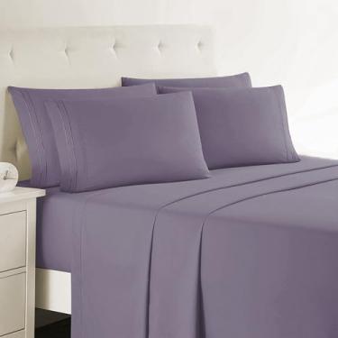 Imagem de Clara Clark Lençóis Cal King - Lençóis de cama de luxo de hotel de 6 peças para cama king size Cal - Lençóis macios e fronhas, serve em colchões de até 40,6 cm de profundidade. California King, roxo