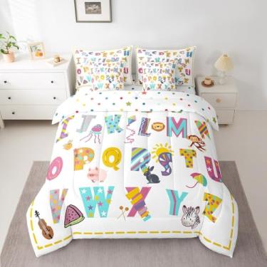 Imagem de Conjunto de cama solteiro com desenho animado do alfabeto, desenho animado de porco, zebra, pato e leão, meninas, meninos, geométrico, listrado, estrela, colorido (edredom + lençol com elástico + 2