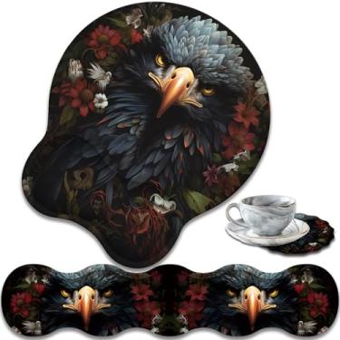 Imagem de Teclado ergonômico suporte de pulso e mouse pad antiderrapante com memória de gel, adequado para uso no escritório/uso doméstico - águia de flor de caveira escura