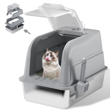 Imagem de Caixa de areia fechada de aço inoxidável para gatos com tampa – Caixa de areia coberta extra grande para gatos grandes e casas com vários gatos, tampa transparente e porta de fácil acesso