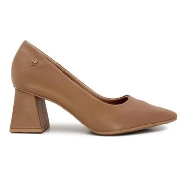 Imagem de Scarpin Usaflex Feminino Casual Salto Bloco Couro Bico Fino AI1303 - Marrom Claro - 39