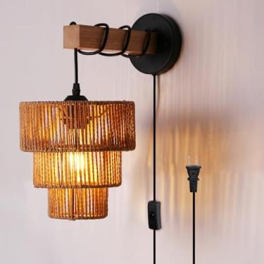 Imagem de Sedelan Arandela de parede conectada, lâmpada de parede de vime com cabo de conexão, arandelas de parede internas para quarto, cabeceira, sala de jantar, sala de estar, decoração de casa