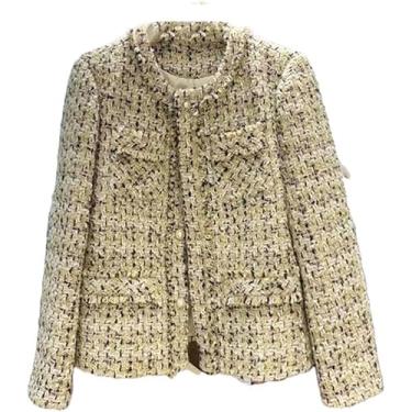 Imagem de Tweed Xadrez Jaqueta Elegante E Elegante O-neck Manga Comprida Single-breasted Algodão Feminino, Cotton1, XL