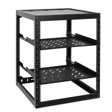 Imagem de RackPath Rack de rede de estrutura aberta 16U com 2 prateleiras ventiladas 1U de 35,5 cm, suporte traseiro, suporte de parede/gabinete de rede de piso, capacidade resistente de 68 kg para equipamentos