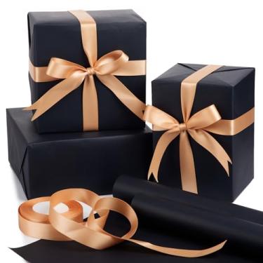 Imagem de Feifeiya Rolo de papel de embrulho de Natal, papel de presente Kraft preto, 2 rolos de 44 cm x 85 cm, com 1 rolo de 2,5 cm x 25 m de fita dourada