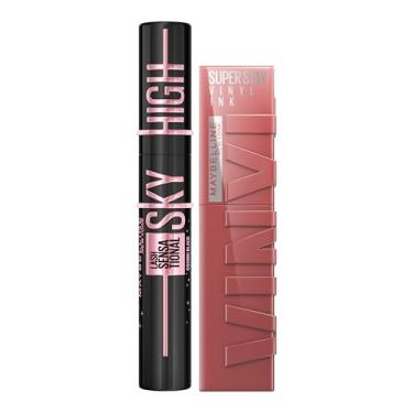 Imagem de Maybelline: Kit de Máscara e Batom Sky High Cosmic Black + Vinyl, Cobertura Total ou Buildável, Alongar, Preto Cósmico, Maquiagem