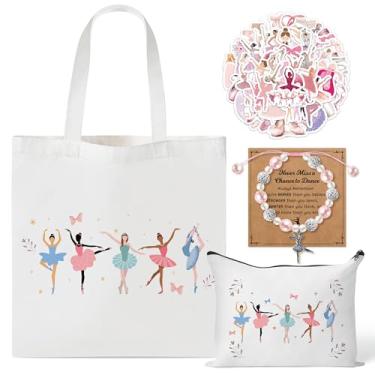 Imagem de Y1tvei Kit de sacola de lona de bailarina fofa - presentes de recital de menina dançando balé com 1 bolsa de maquiagem 60 adesivos, 1 pulseira, 1 cartão, 1 sacola, sacolas de compras de bailarina rosa